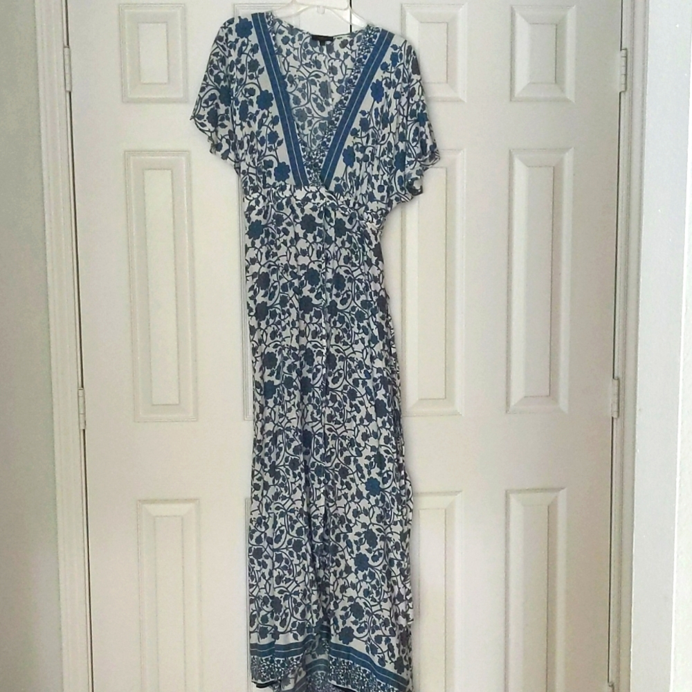 Blue and white floral maxi wrap dress size L